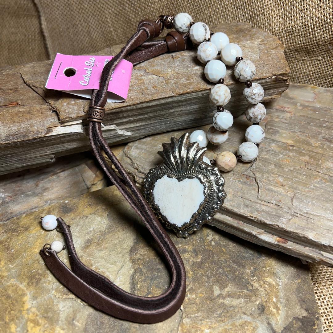 Cream Multi Bead and Silver Heart Statement Necklace