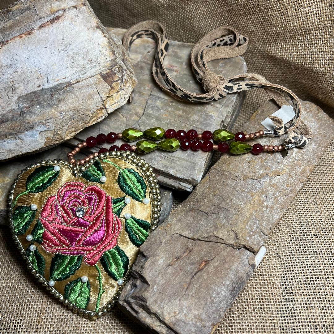 Satin Embroidered Rose Heart Necklace