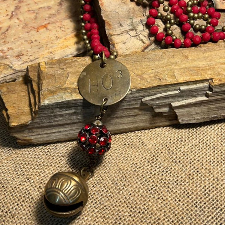 Red Bead Crystal Ball & Vintage Style Bell on Double Strand Long Necklace