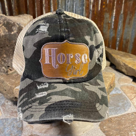 Destressed Green Camo Brown Patch Embroidered HORSE GIRL Cap