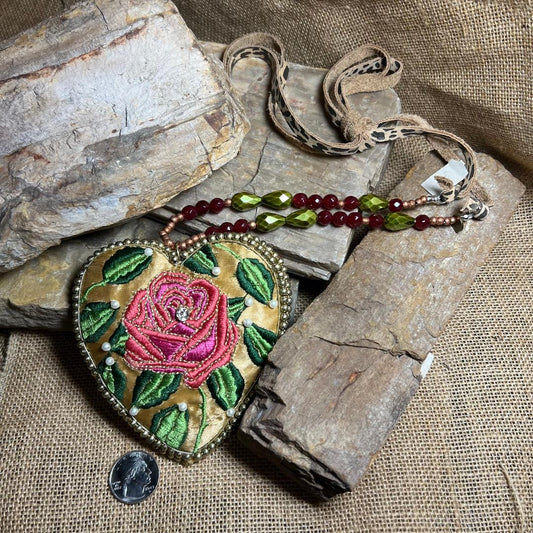 Satin Embroidered Rose Heart Necklace