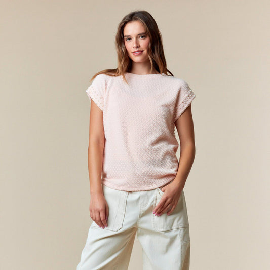 Boxy Cut Textured Top with Pearl Details