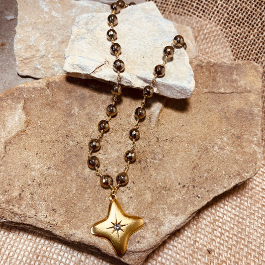 Pyrite Plated Ball Link and Swarovski Crystal Star Pendant Necklace