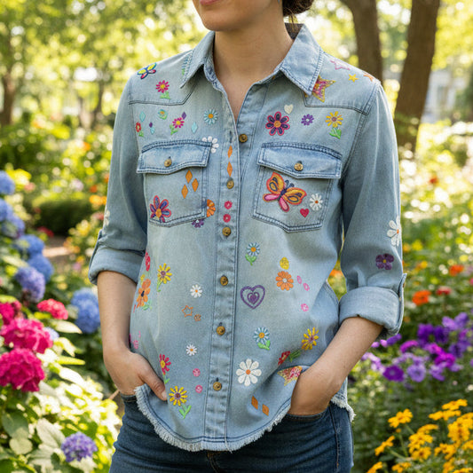 Embroidered Denim Top With Roll Tab Sleeves