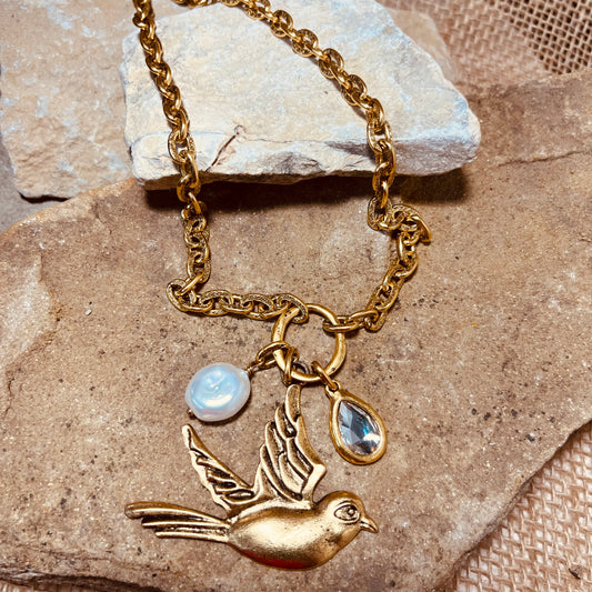 Mother of Pearl, Gold Plated Bird and Swarovski Crystal Necklace