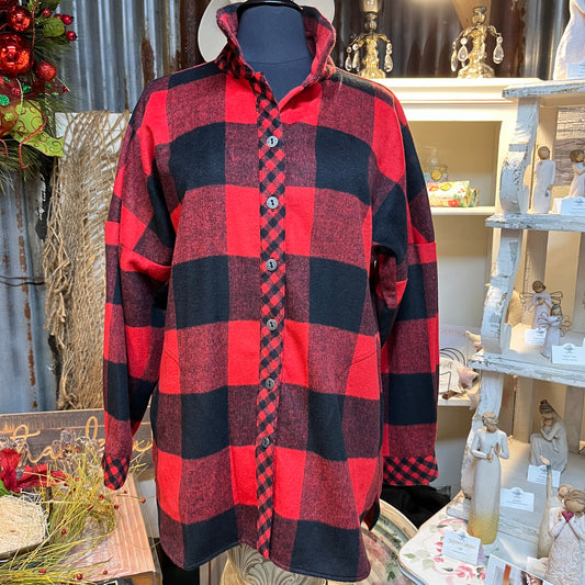 Woven Buffalo Plaid Wire Collar Long Sleeve Hi-Low Hem Button Front Tunic