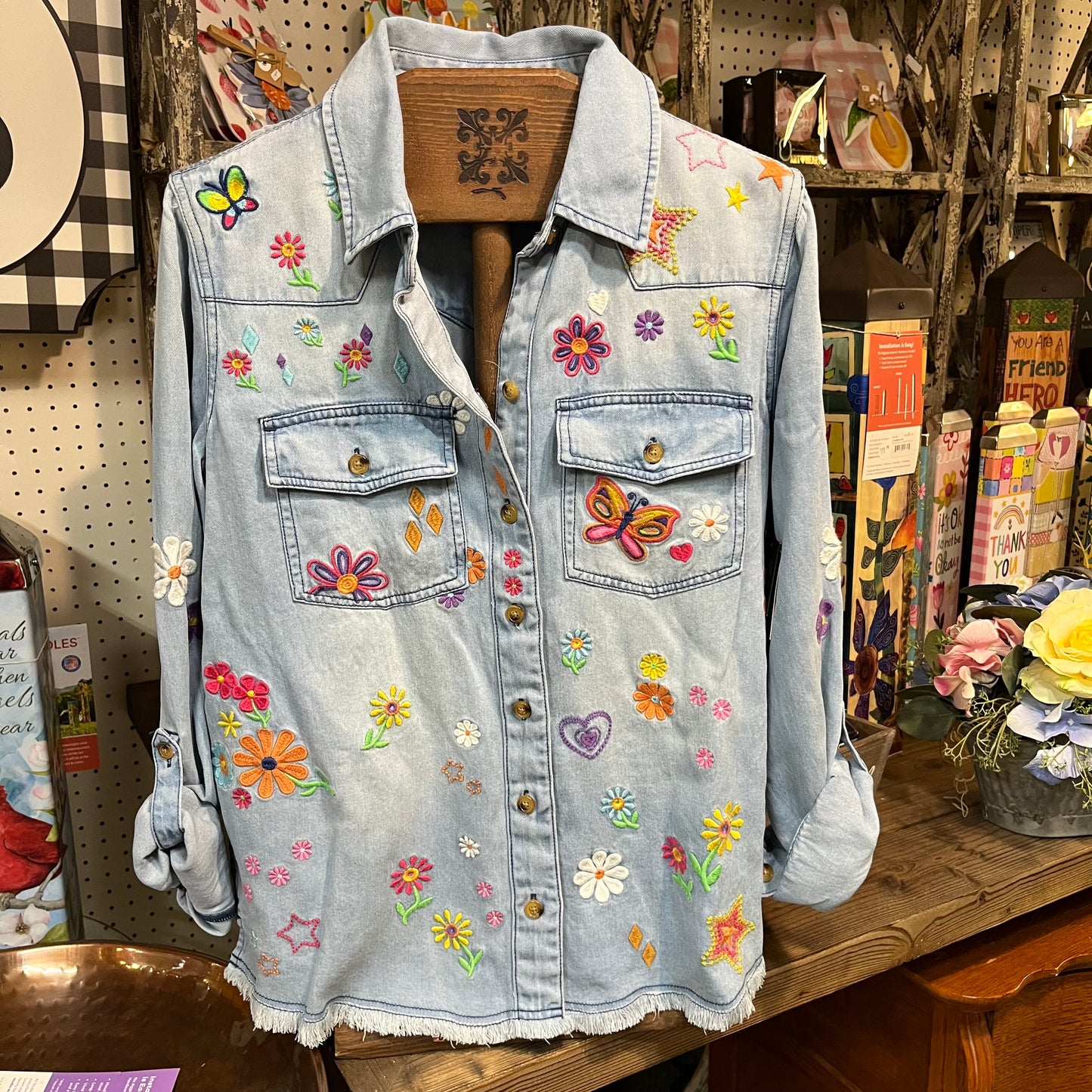 Embroidered Denim Top With Roll Tab Sleeves