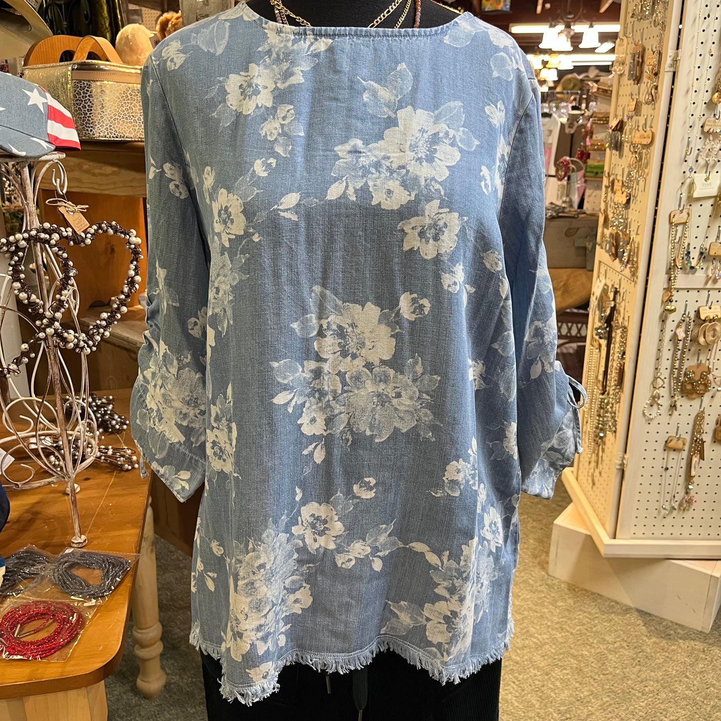 Ruched Sleeve Lace Up Back Chambray Top