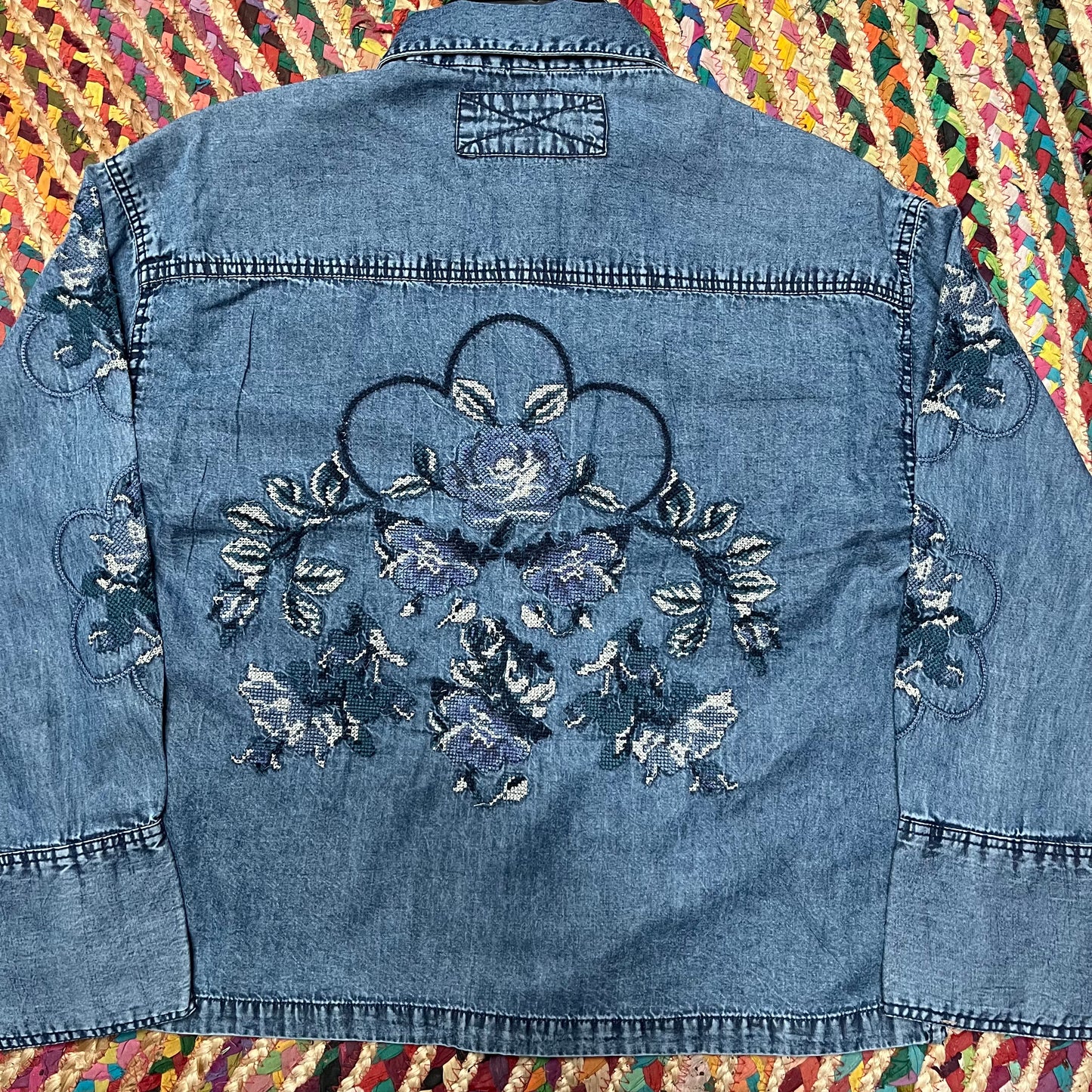 Denim Button Front Top with Cross Stitch Embroidery