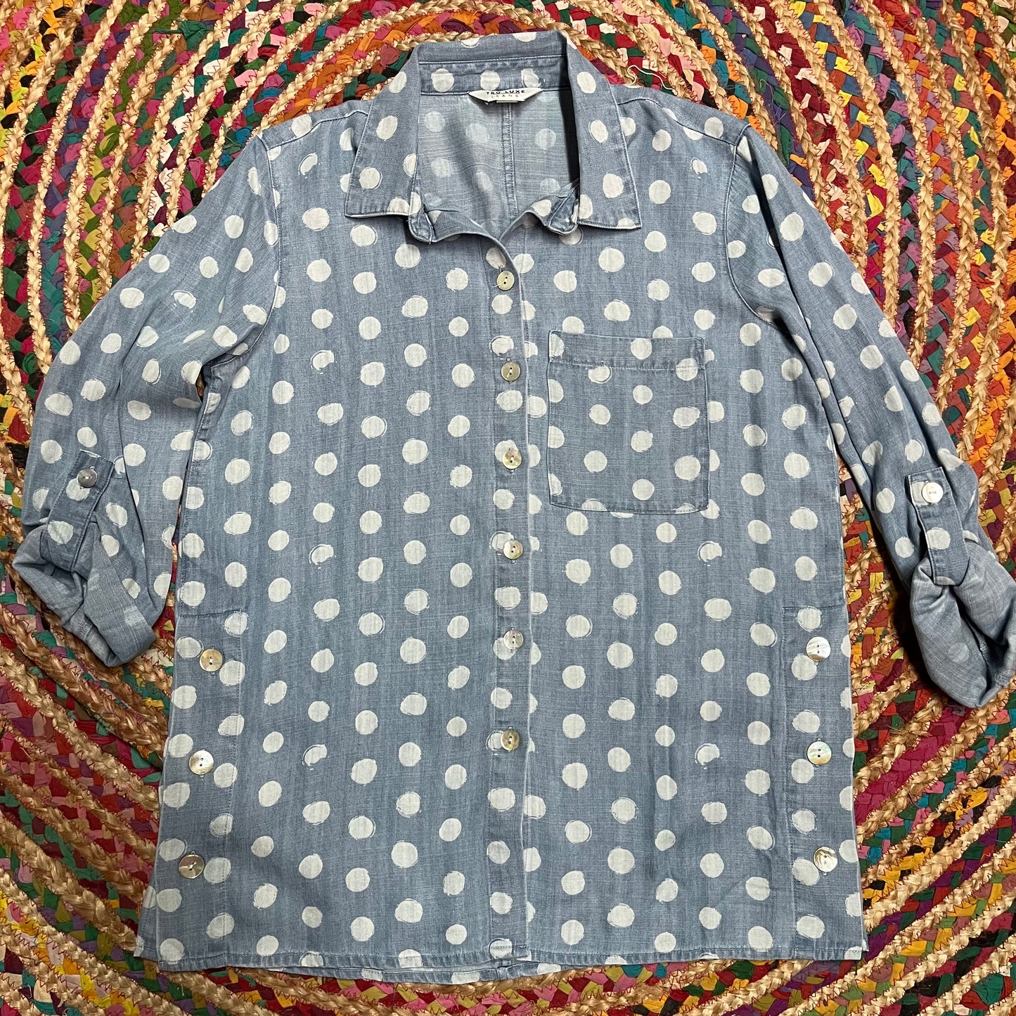 Polka Dot Button Front Denim Top