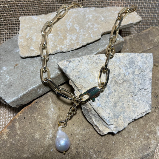 Gold Link Necklace with Pearl Pendant