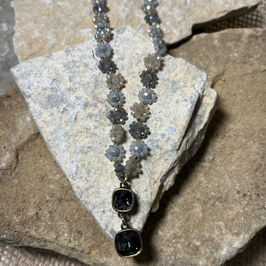 Multi Gray Flower Necklace with Two Gray Pendents