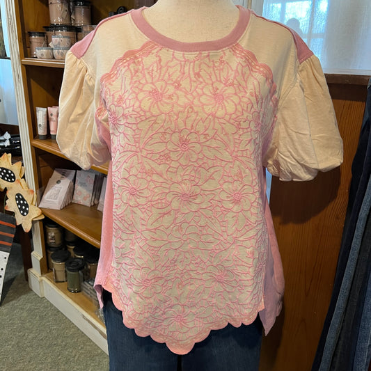 Dusty Rose Bubble Sleeve Embroidery Floral