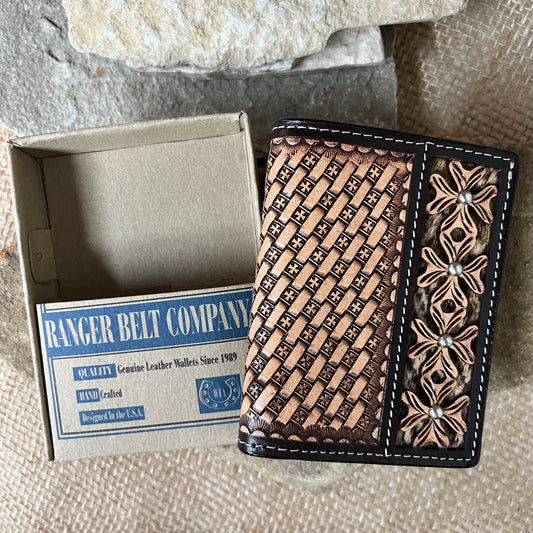 Ranger Belt Company Filigree Cut with Hair, Basket Weave Trifold Wallet