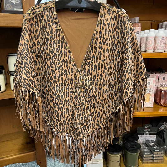 Leopard Print Poncho with Stud Embellishment and Fringe Trim
