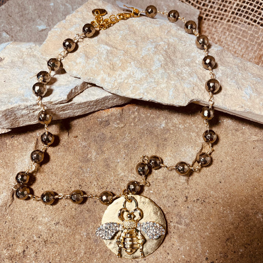 Pave' Bee and Gold Pewter Coin Pendant necklace
