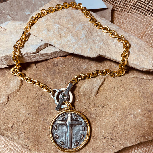 Two Tone Cross Pendant with Swarovski Crystal Toggle Necklace