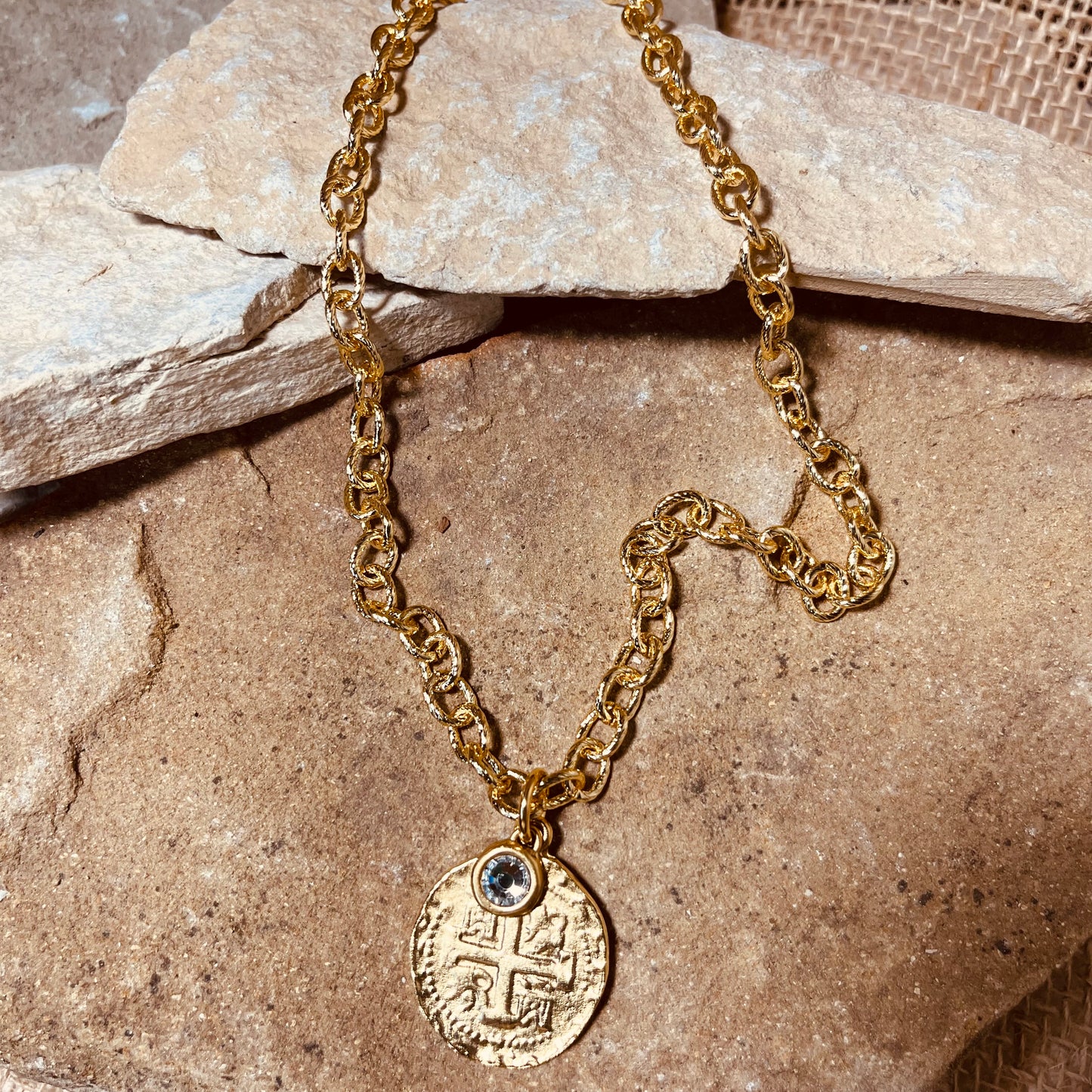Chain Necklace with Crystal and Gold Coin Pendant