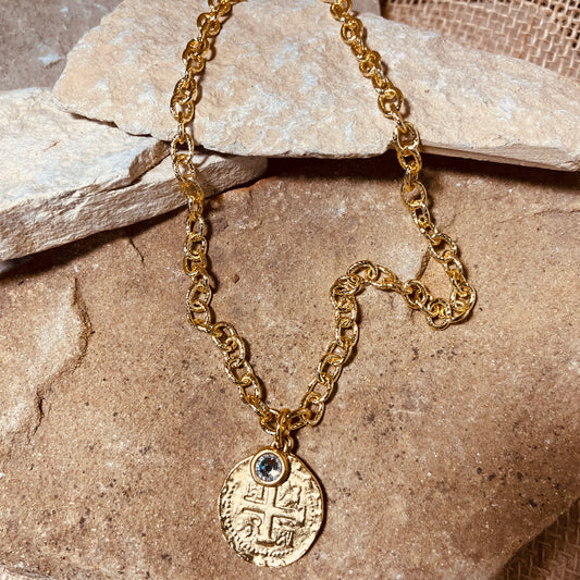 Chain Necklace with Crystal and Gold Coin Pendant