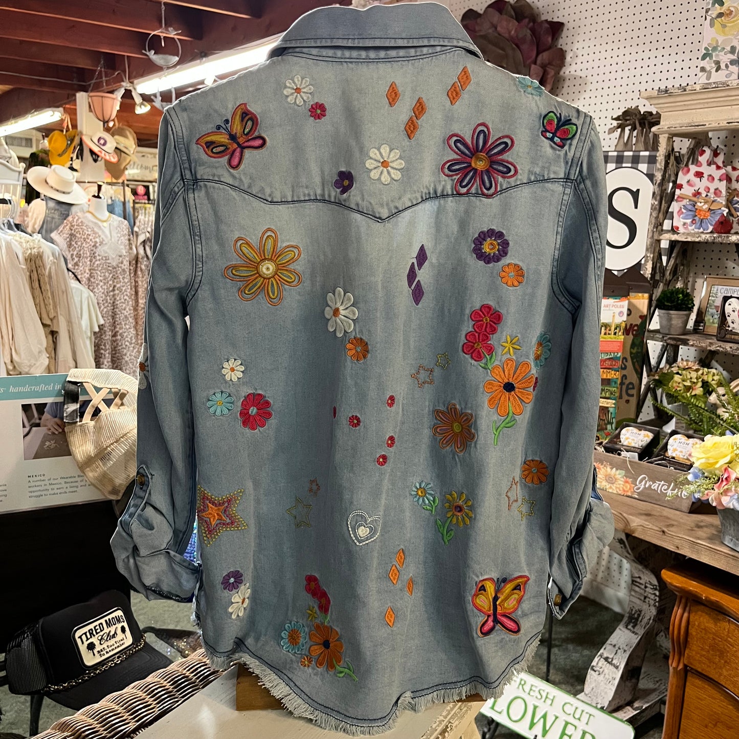 Embroidered Denim Top With Roll Tab Sleeves