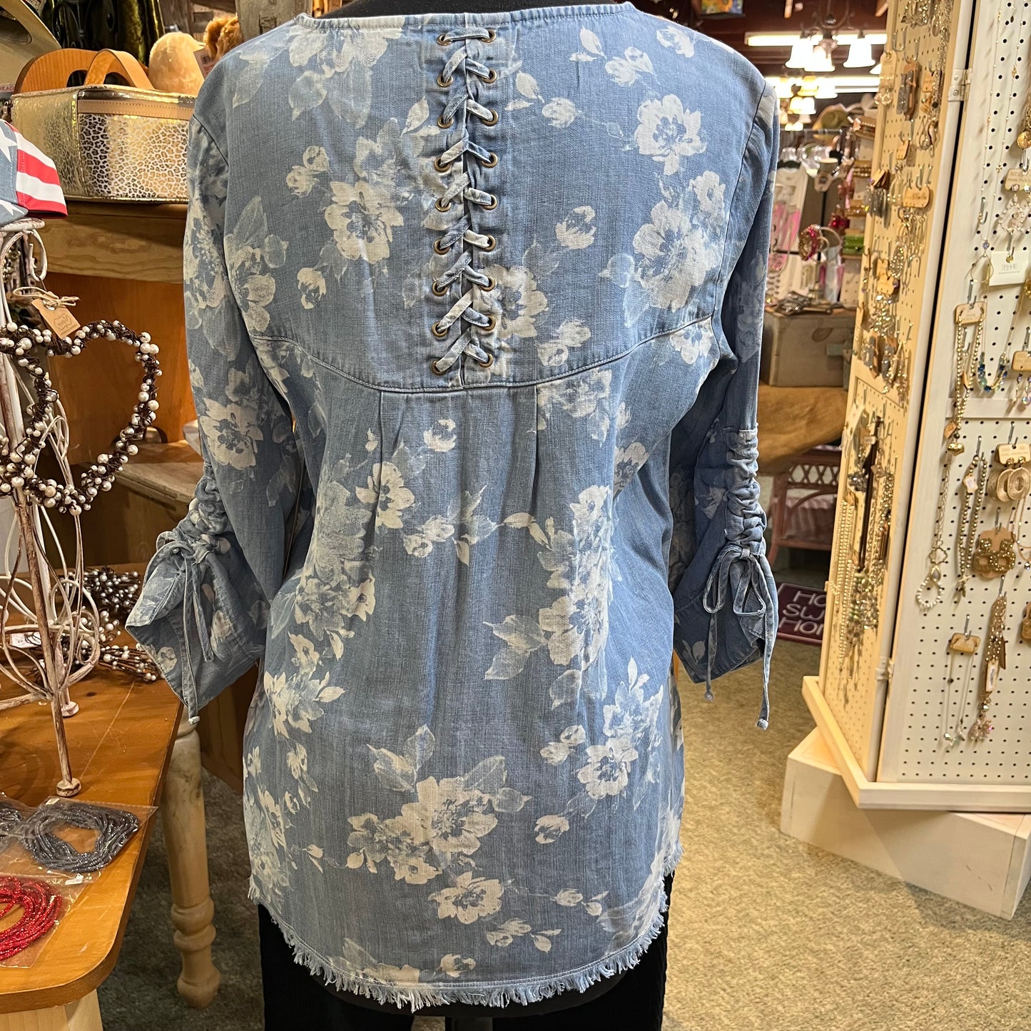 Ruched Sleeve Lace Up Back Chambray Top