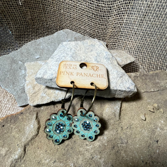 Teal Wood and Crystal Pendent Hoop Earrings