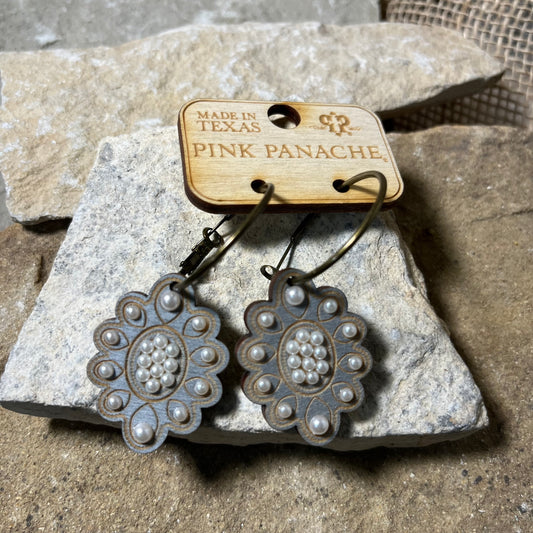 Grey Wood and Pearl Pendent Hoop Earrings