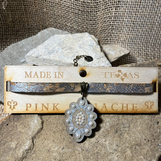 Tan/Silver Choker with Pearl Embellished Wood Pendent