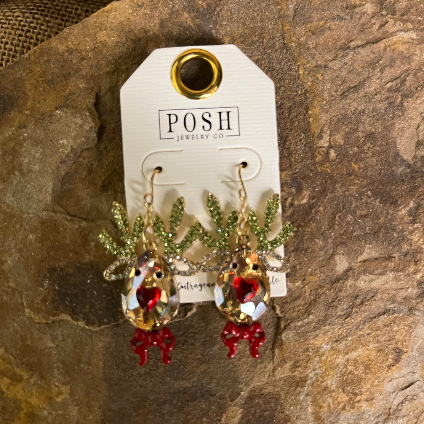 Rhinestone Reindeer Earring Green