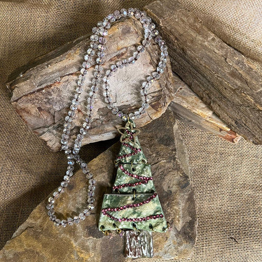 Large Handcrafted Clay Christmas Tree on Beaded Necklace