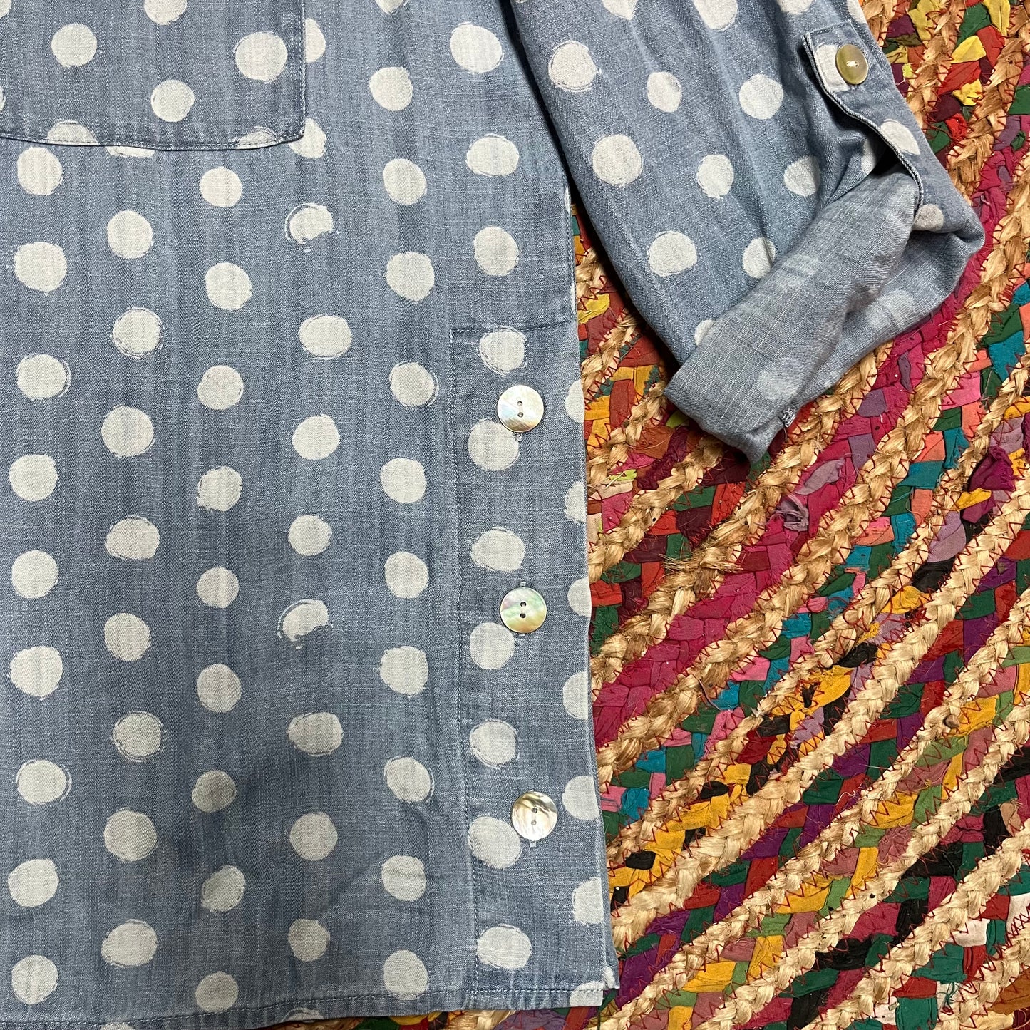 Polka Dot Button Front Denim Top