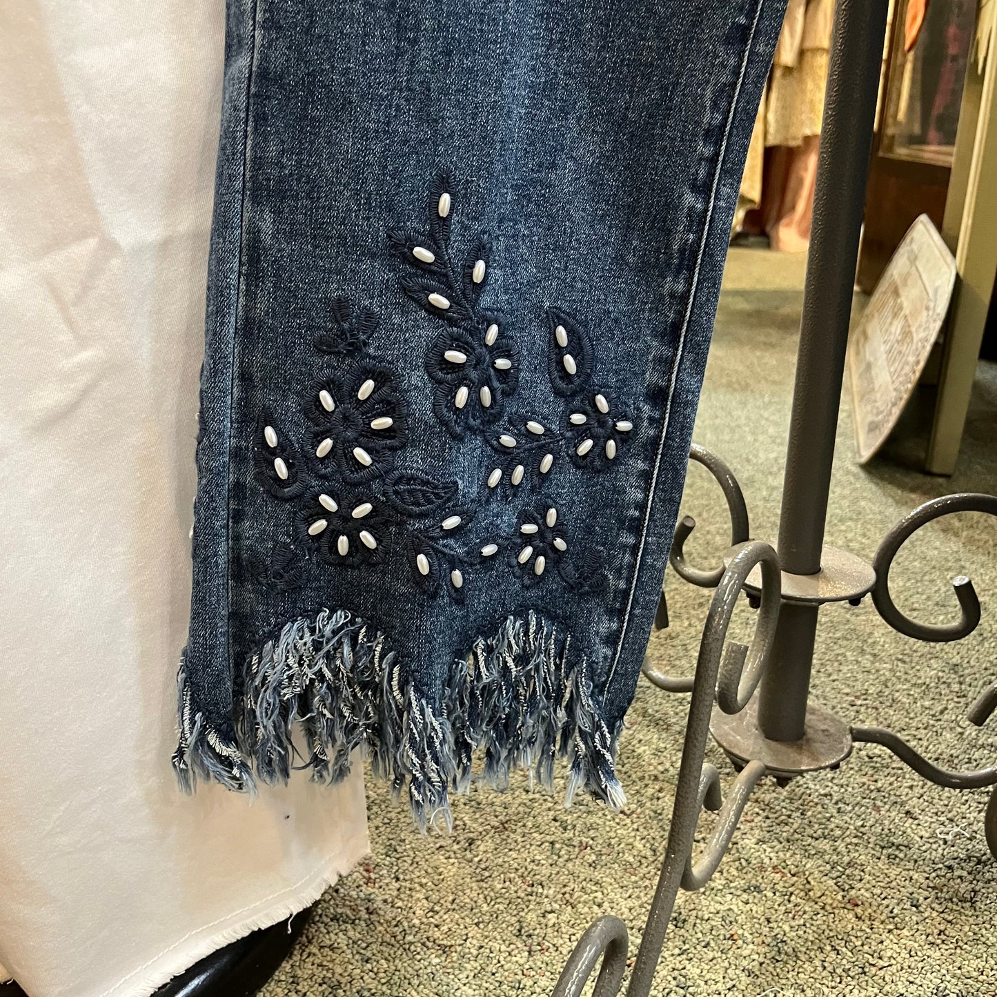 Five Pocket Pant with Fringe and Bead Hem