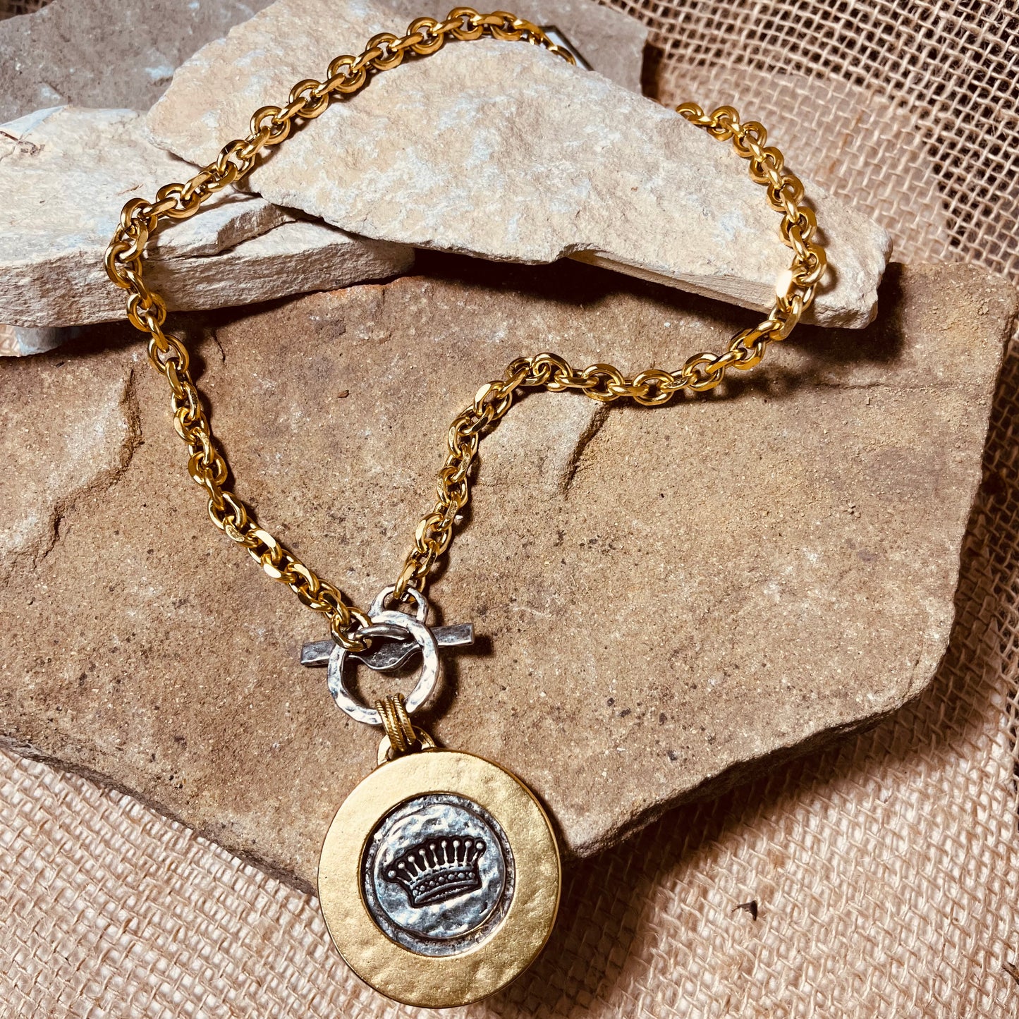 Two Tone Cross Pendant with Swarovski Crystal Toggle Necklace