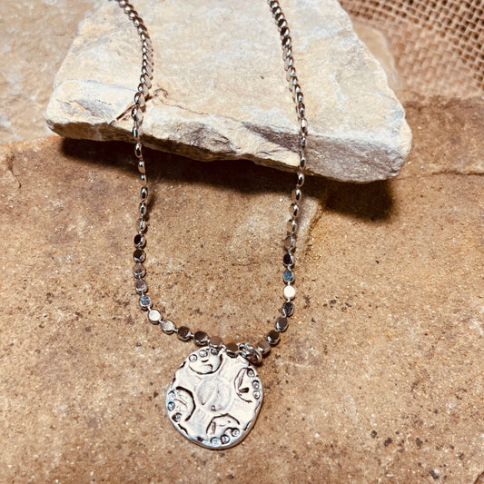 Chain Link Necklace with Round Coin and Swarovski Crystals
