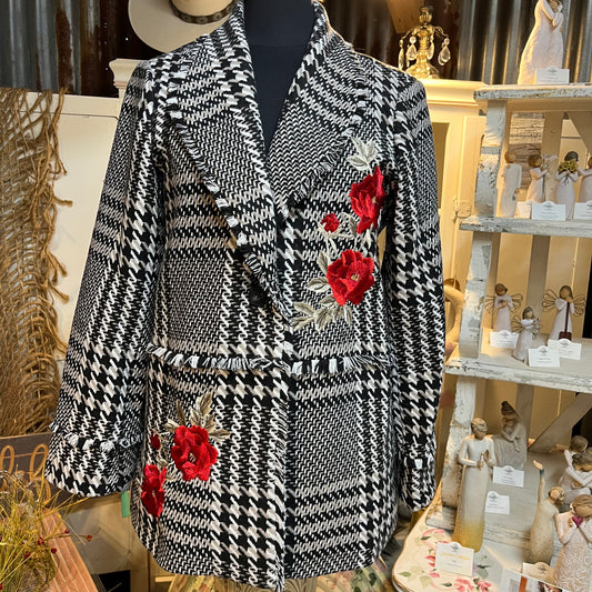 Plaid Tweed Floral Applique Shawl Collar Fringe Coat