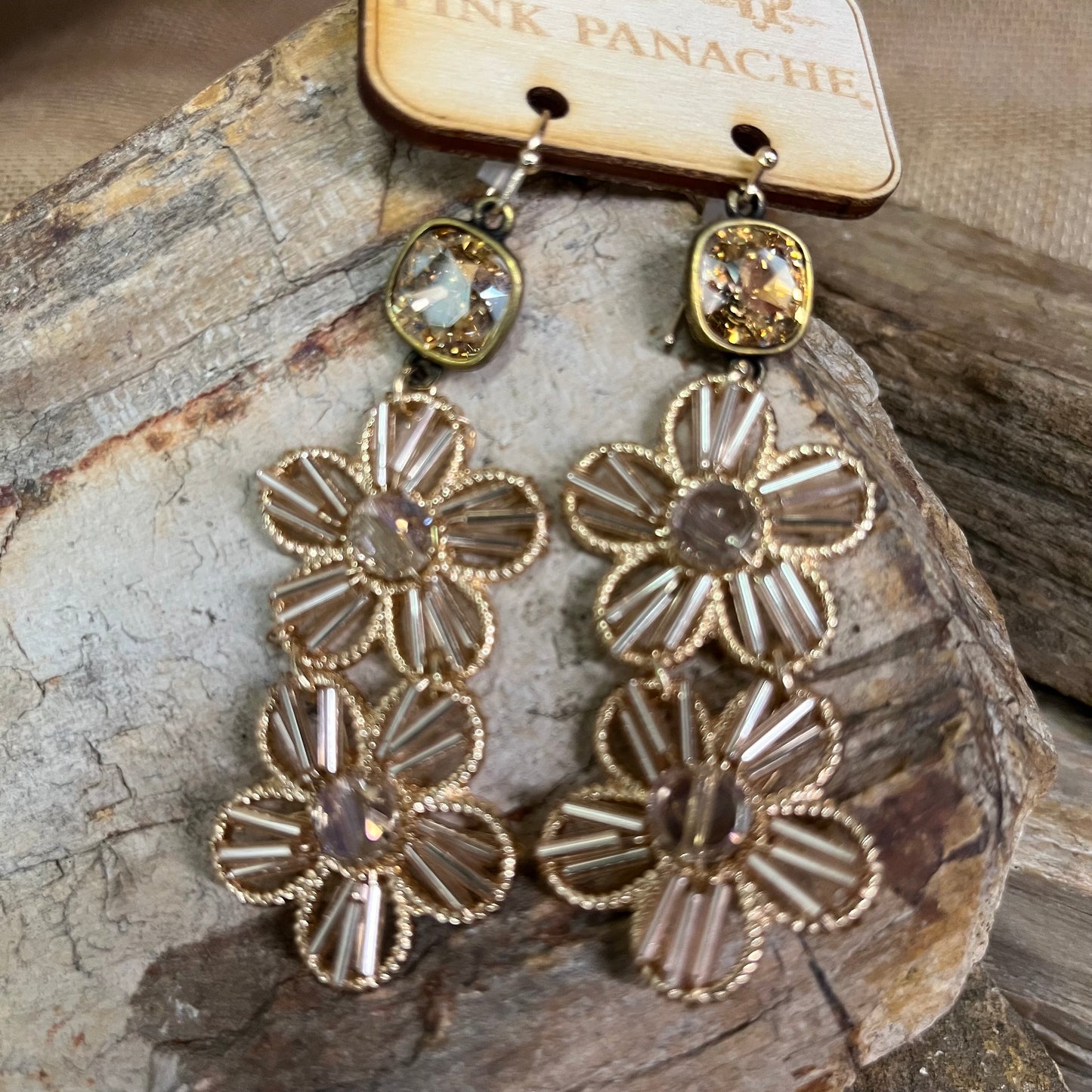 Tube Bead Wrapped Earring with Austrian Crystal Gold