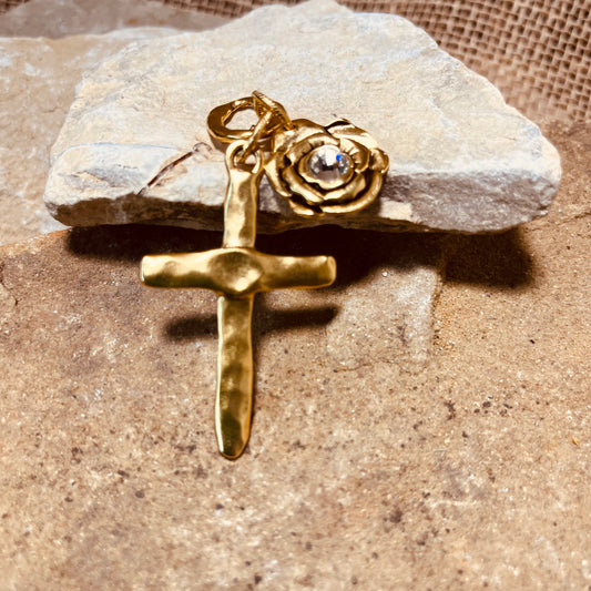 Cross and Rose with Crystal Charm