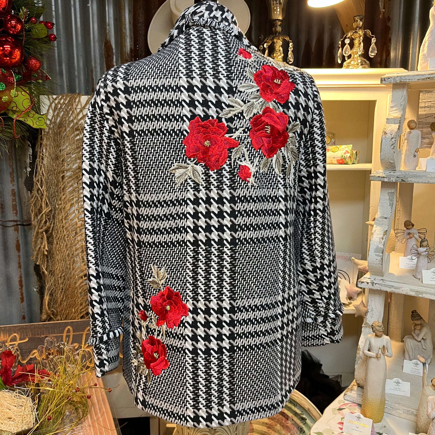 Plaid Tweed Floral Applique Shawl Collar Fringe Coat