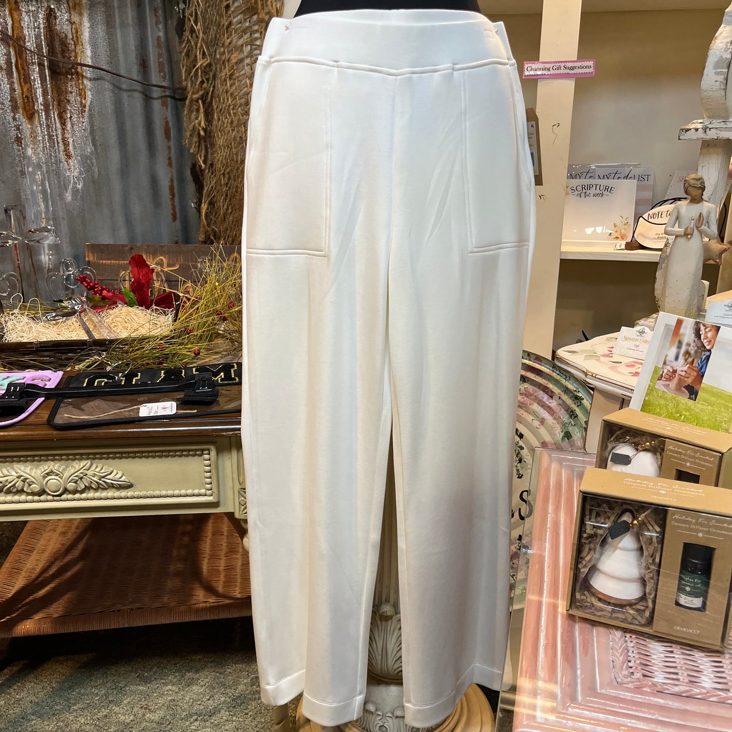 Wide Leg Pull On Knit Pant Off White