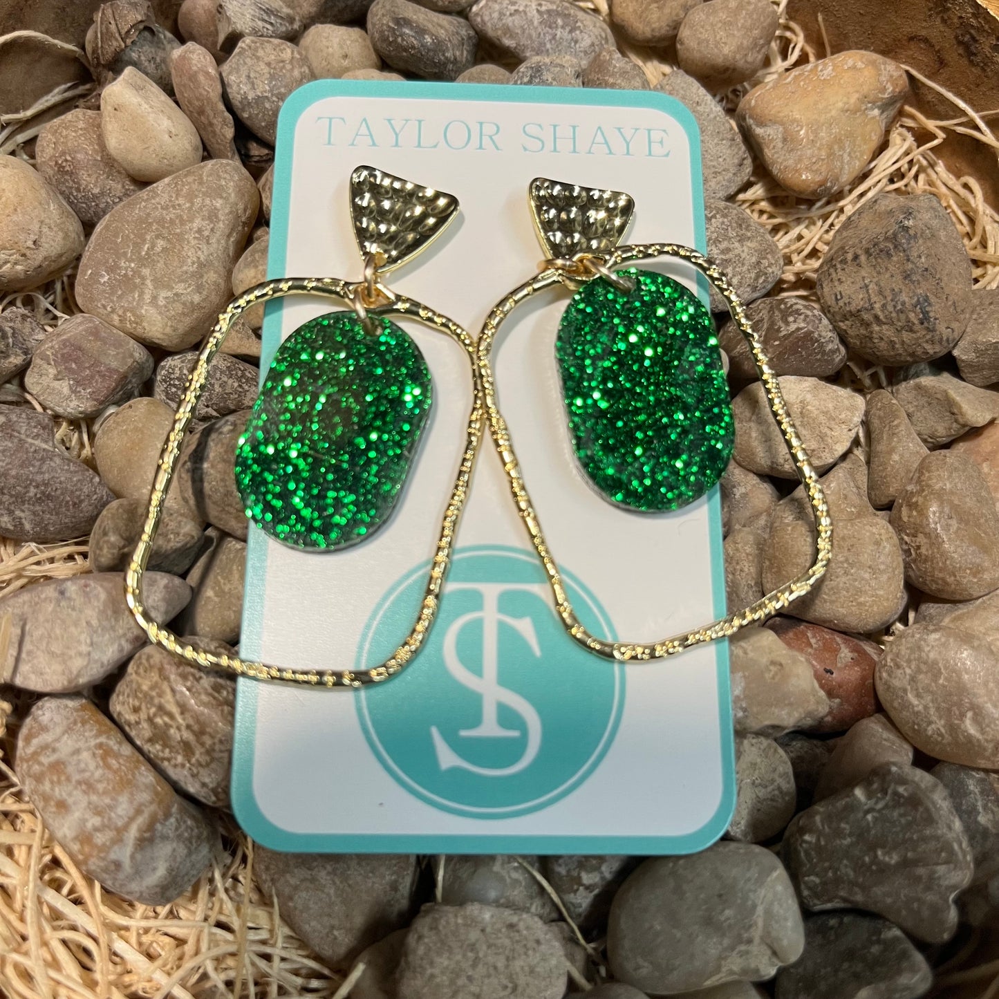 Green Glitter Oval Hoop Earrings