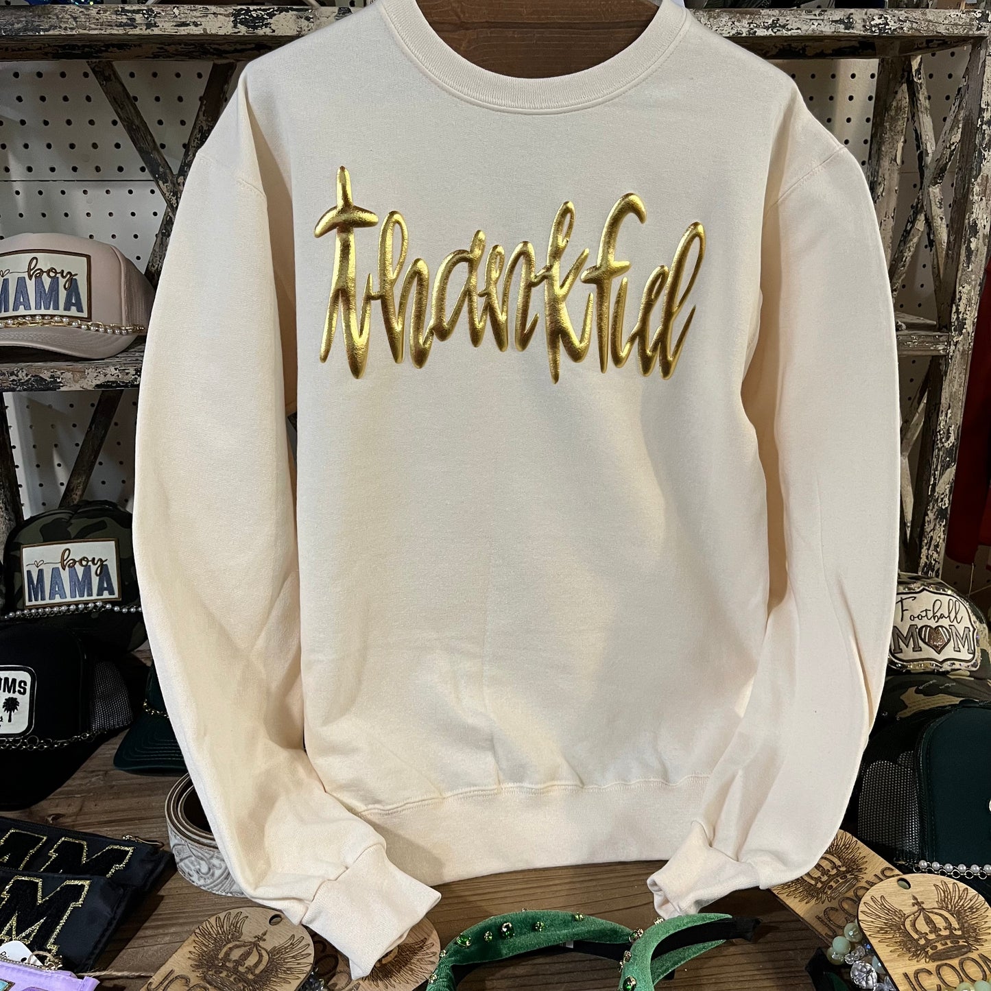 Thankful Metallic Puff Sweatshirt