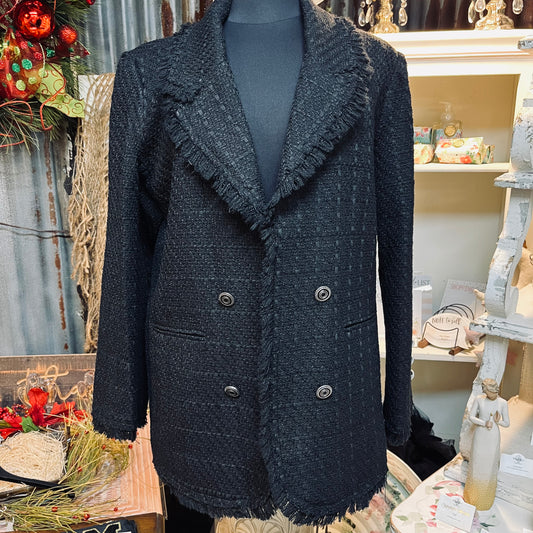Tweed Open Lapel Long Sleeve Button Front Fringe Lined Coat