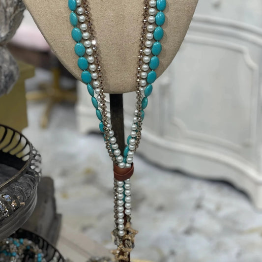 Turquoise Pearl & Topaz Triple Strand Necklace