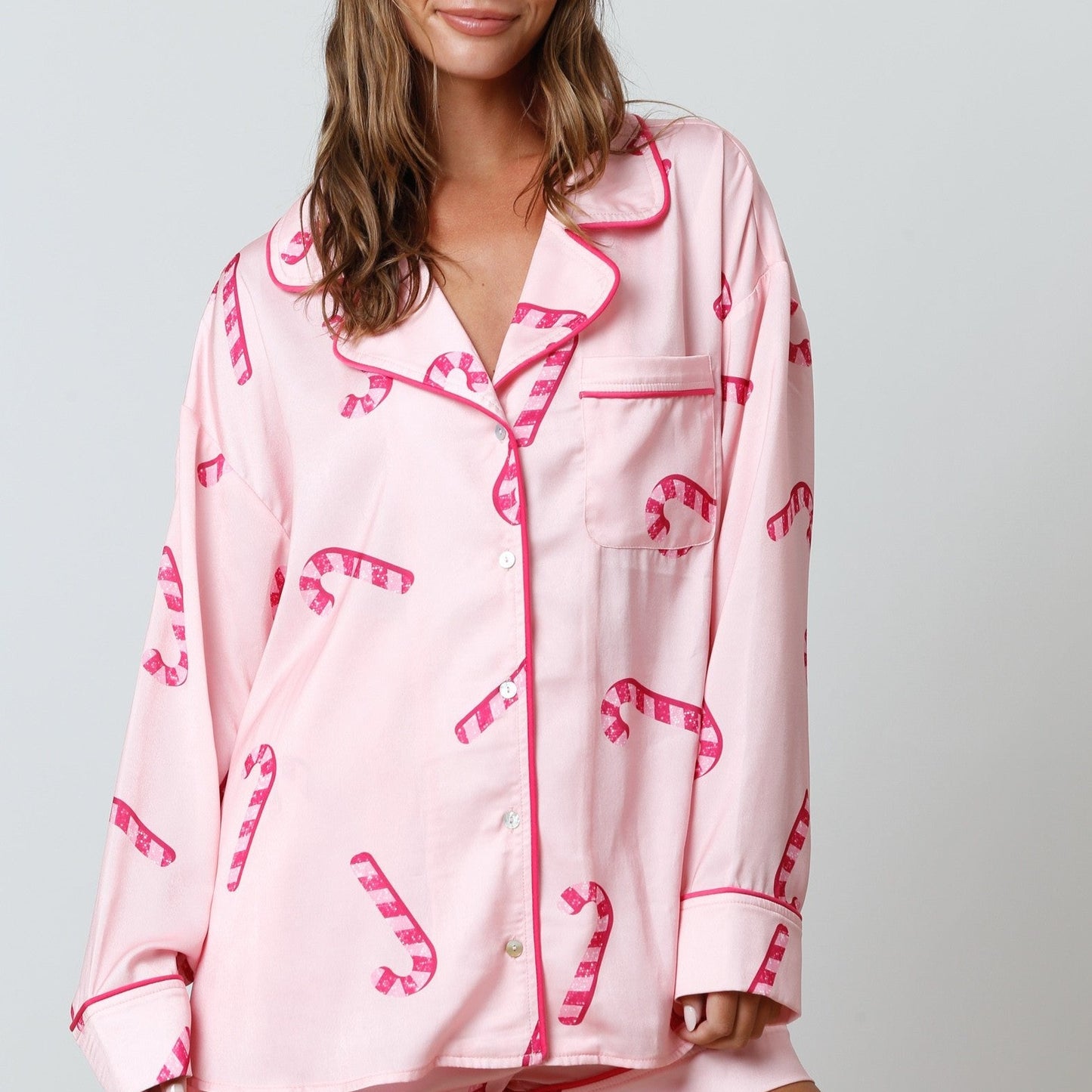 Candy Cane Pattern Satin Pajama Shirt