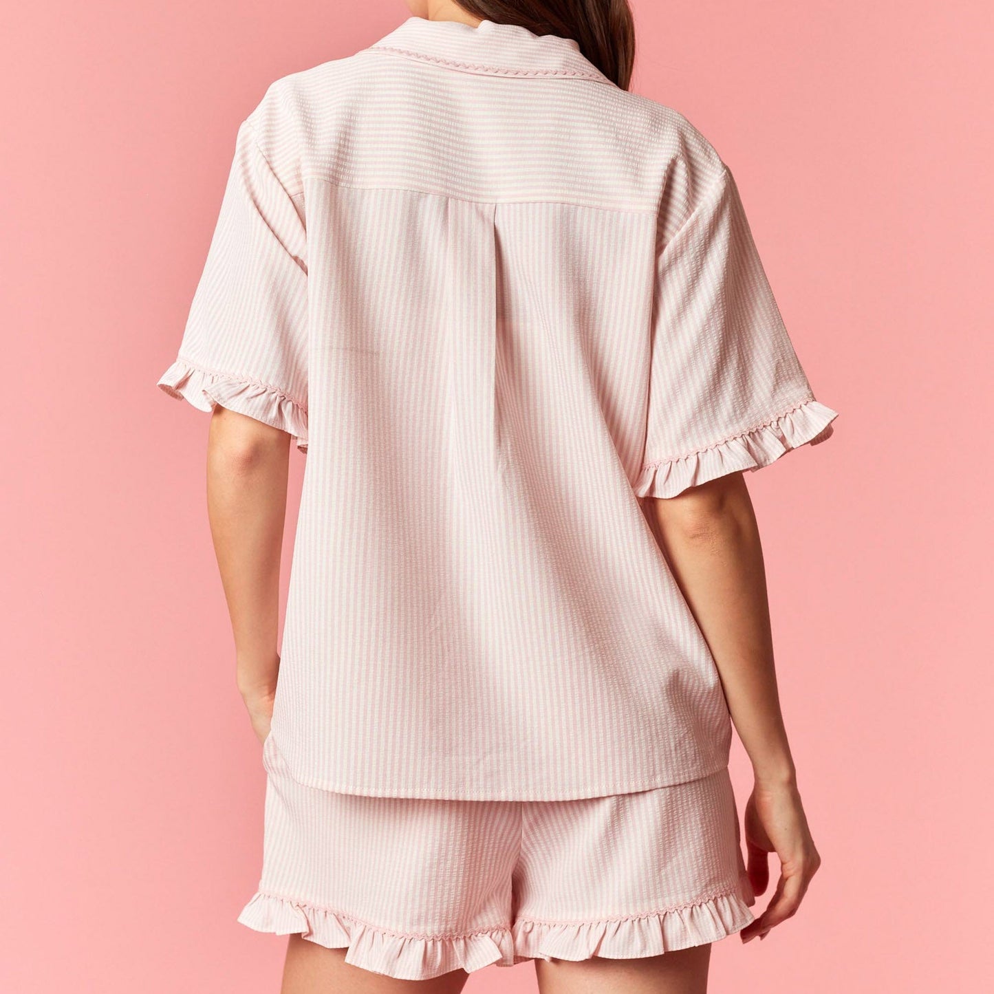 Mini Ric Rac with Ruffle Detailed Striped Short Sleeve and Shorts Pajama Set