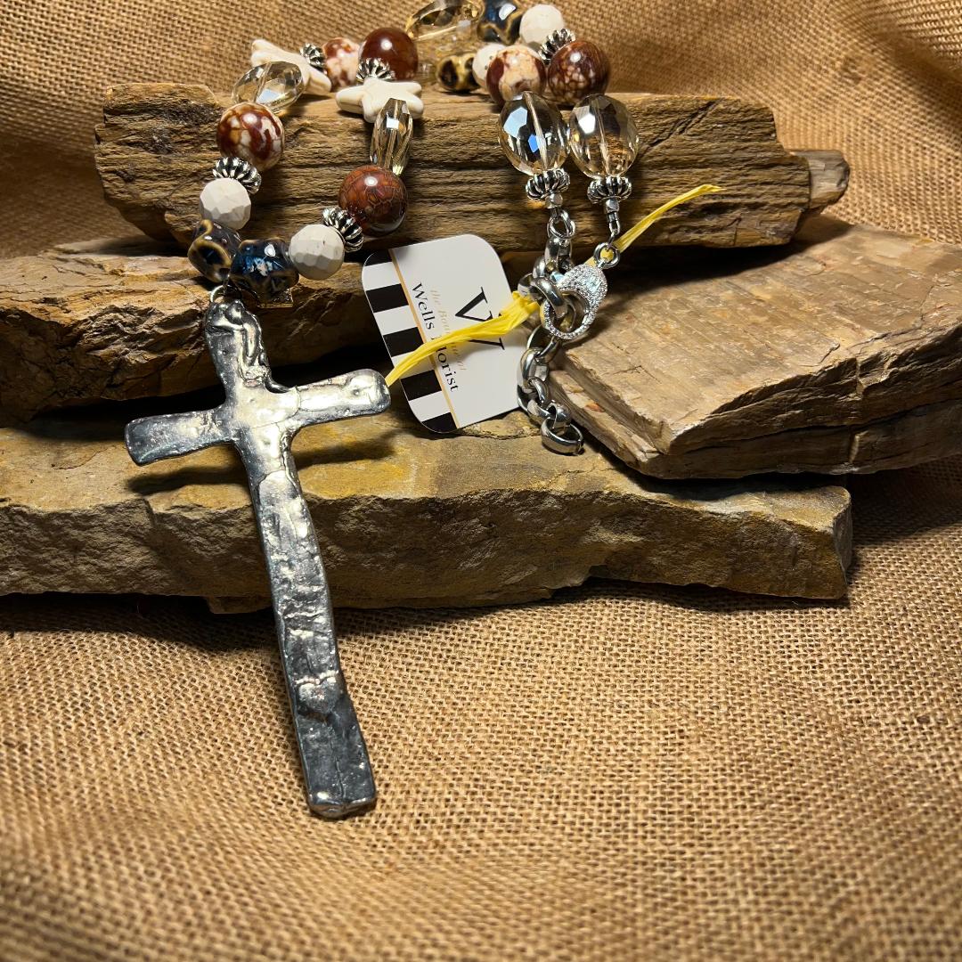 Star & Oval Shape Brown and White Bold Bead Necklace with Large Hammered Cross Pendant