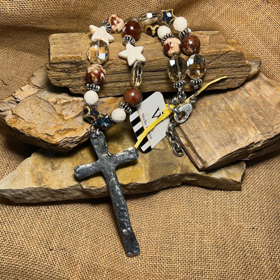 Star & Oval Shape Brown and White Bold Bead Necklace with Large Hammered Cross Pendant