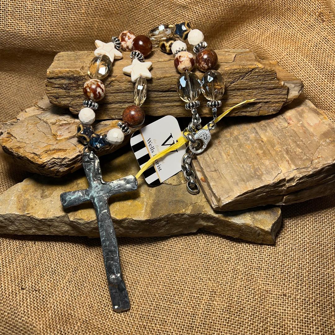 Star & Oval Shape Brown and White Bold Bead Necklace with Large Hammered Cross Pendant