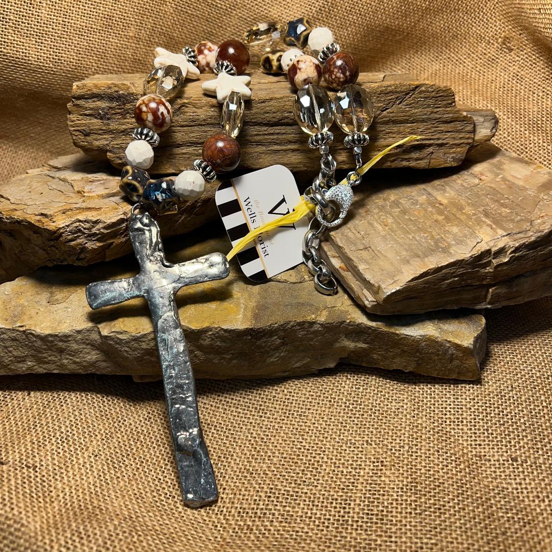 Star & Oval Shape Brown and White Bold Bead Necklace with Large Hammered Cross Pendant