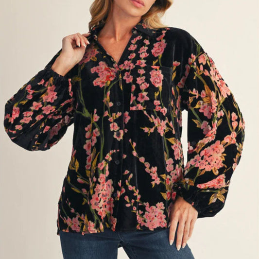 Jodifl Long Sleeve Button Down Floral Velvet Blouse